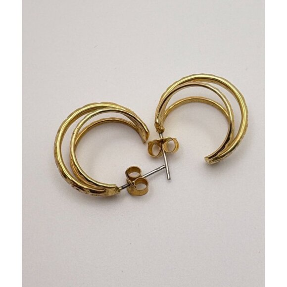 Vintage Triple Hoop Gold Tone Earrings Textured Design Elegant Fashion Jewelry - Picture 5 of 7